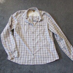 NWOT Eddie Bauer Large Purple Plaid Button Front Shirt Poly Nylon Pkts Roll Sl